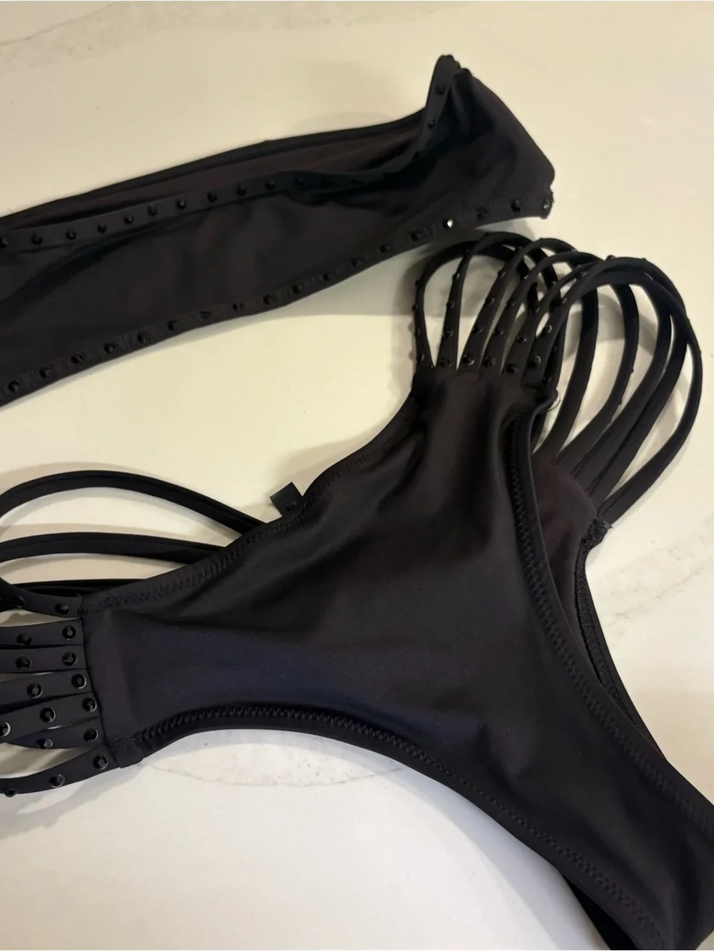SKIMS rhinestone strappy bikini bottom and matching strapless top